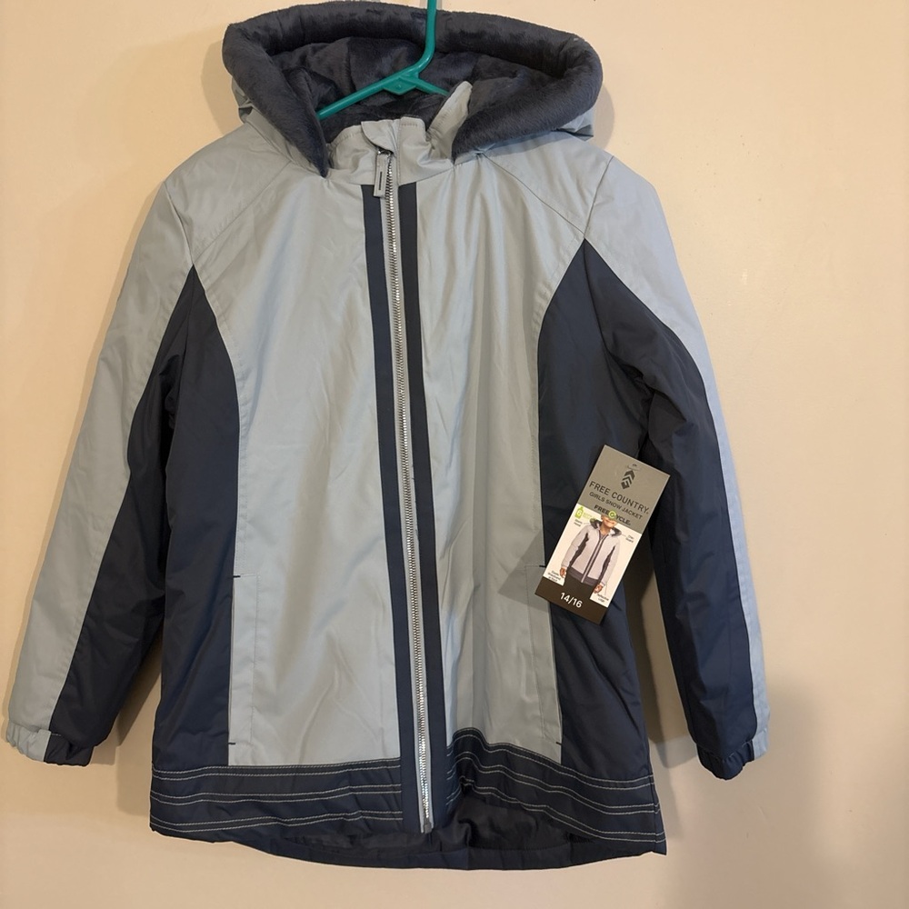 Free Country Blue Puffer Jacket with Hood and Water-Resistant Fabric